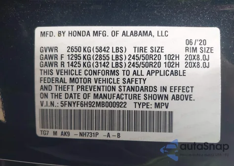 2021 Honda Pilot Awd Touring 8 Passenger from USA, damaged, VIN 5FNYF6H92MB000922